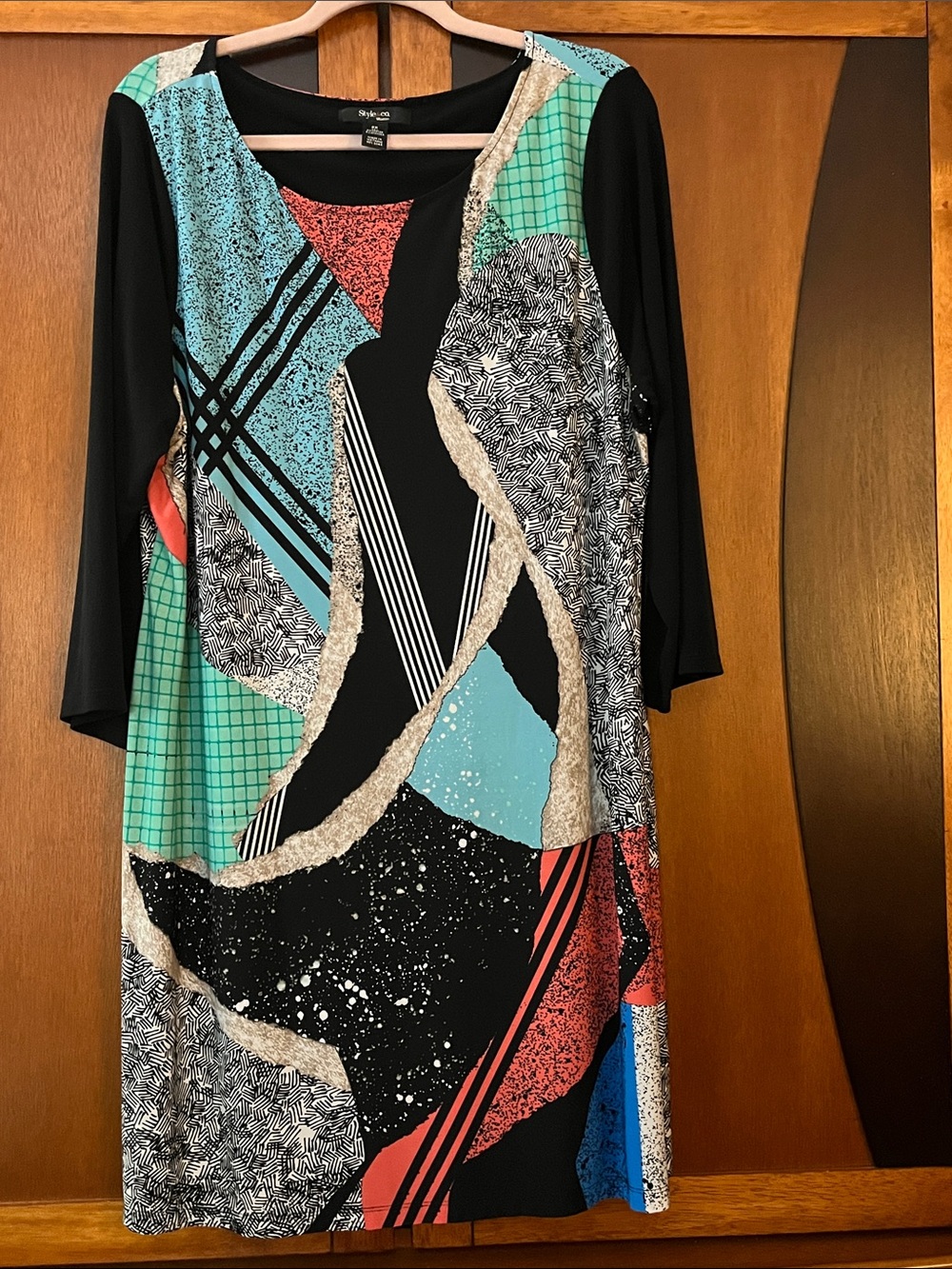 Style&Co Abstract Print Shift Dress in Black-Teal-Coral w/Solid Black Sleeves